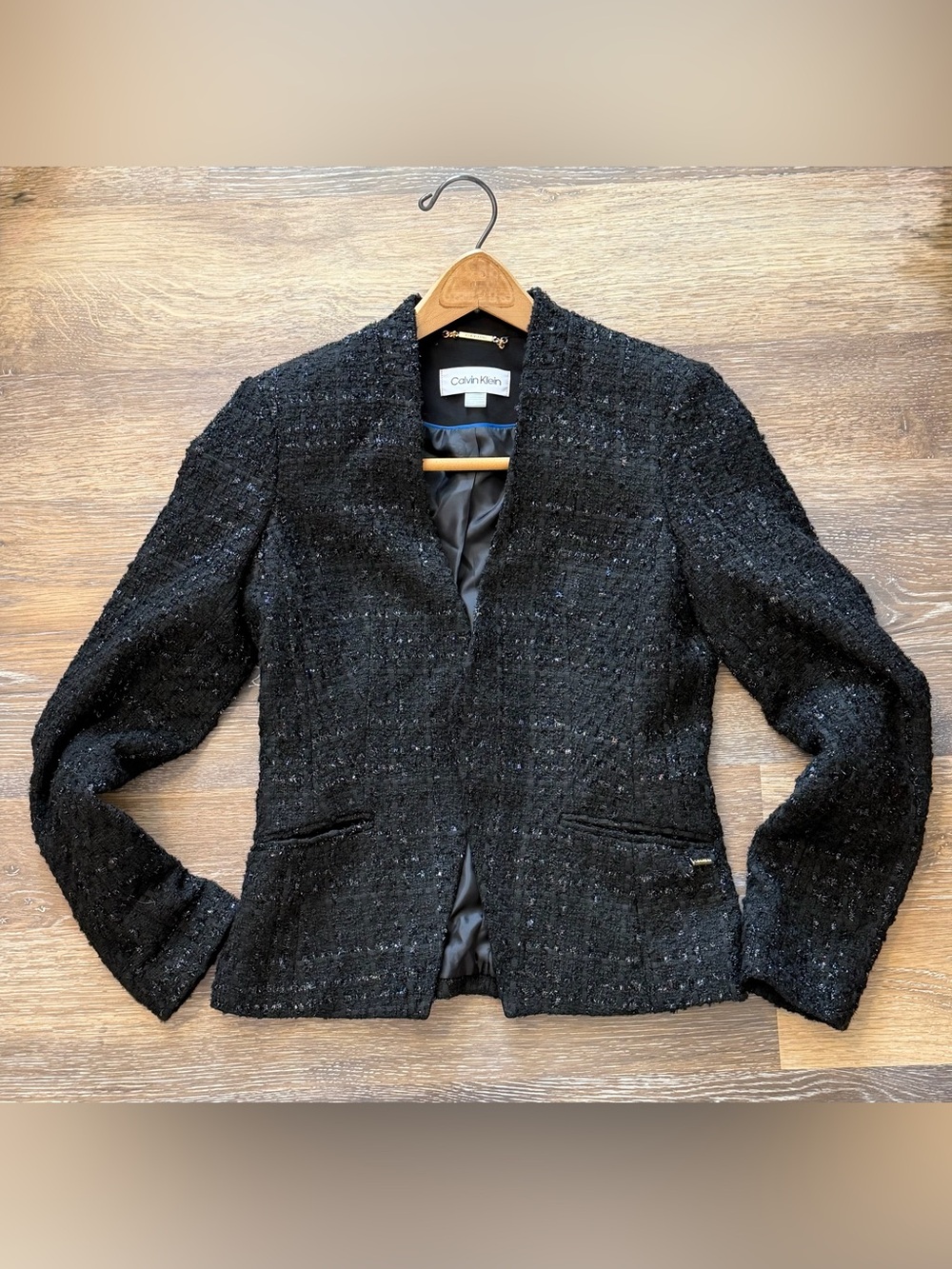 Calvin Klein Metallic Bouclé Tweed Open Front Blazer Black 2